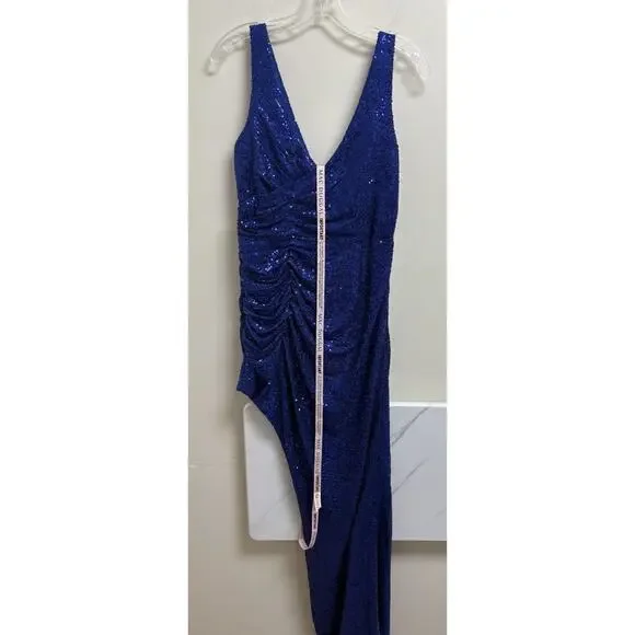 Ieena for Mac Duggal A11275 Blue Sequin Gown Size 10 NWT Asymmetrical Slit